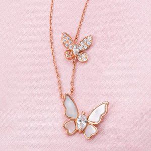 Rose Gold Butterfly Necklace with pink Mother of Pearl, Charmed Aroma